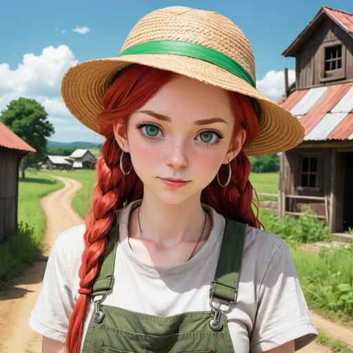 Prompt: A woman farmer with long red braids, green eyes, pale light skin, and an innocent face. She wears dirty or patched overalls. She wears a straw hat on her head and she has a cross necklace. Draw some old town behind her. Draw 2d like an anime. In a Persona 4 or Danganronpa art style.