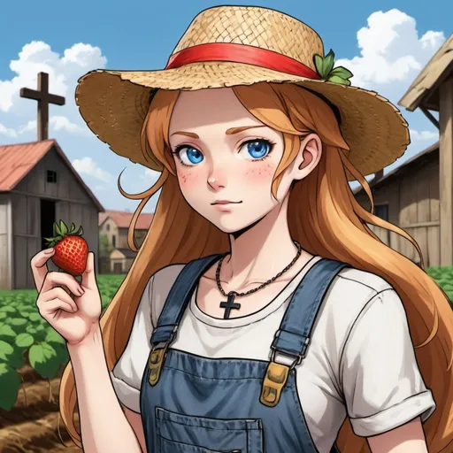 Prompt: A woman farmer with pale white skin, long wavey strawberry blonde hair, and blue eyes. She wears dirty or patched overalls. She wears a straw hat on her head and she has a cross necklace. Draw some old town behind her. Draw 2d like an anime. In a Persona 4 or Danganronpa art style.