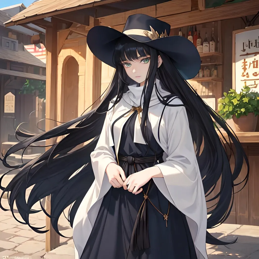 Prompt: A woman from a western cowboy area with long black hair, green eyes, pale light skin and innocent face. She wears navy blue long sleeved dress under and has an elegant pendant same color as her eyes. She also wears a white bandana over her head. Draw some old town behind her or she is in a bar. Don't give her a hat you can only put bandana over her head