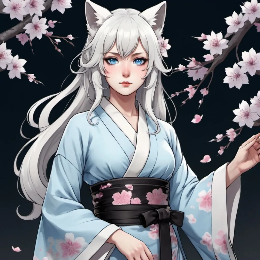 Prompt: a girl kitsune with ice blue eyes, long wavy platin white hair with black tips, pale white skin, white tails with black tips, very feminine Phys, wears a bit revealing blue and sakura flower designed midi kimono dress. Draw some old shire behind her. Draw 2d like an anime. In a Persona 4 or Danganronpa art style.