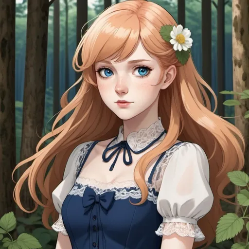 Prompt: a pale white-skinned woman, with long wavey strawberry blonde hair, and blue eyes very feminine Phys, wears a lace cute dress. Draw 2d like an anime. Draw as if she is in a forest. Draw 2d like an anime. Persona 4 or Danganronpa art style.