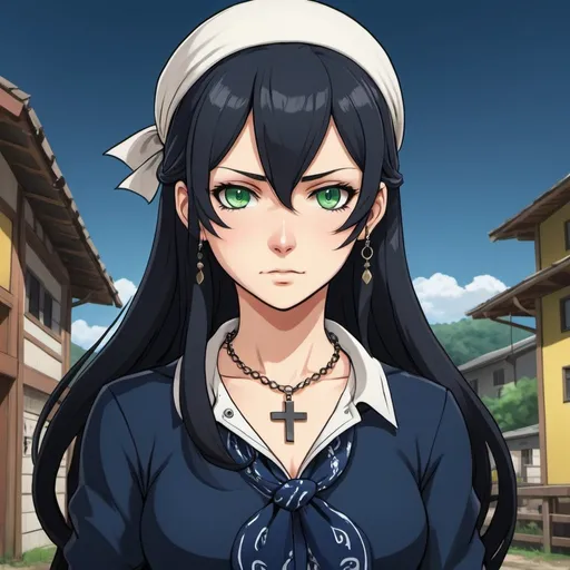 Prompt: A woman cowboy with long black hair, green eyes, pale light skin, and an innocent face. She wears a navy blue long-sleeved dress and has an elegant pendant the same color as her eyes. She also wears a white and navy blue bandana over her head and she has a cross necklace. Draw some old town behind her. Draw 2d like an anime. In a Persona 4 or Danganronpa art style.