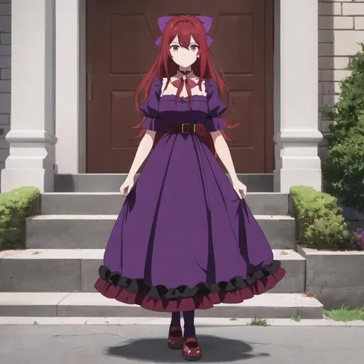 Prompt: A woman with, long red hair and ruby eyes wears a purple dress with puffy sleeves. It has ruffles on the chest, and a string bow on her neck with dark purple leggings/stocking under her dress with brown buckle shoes.