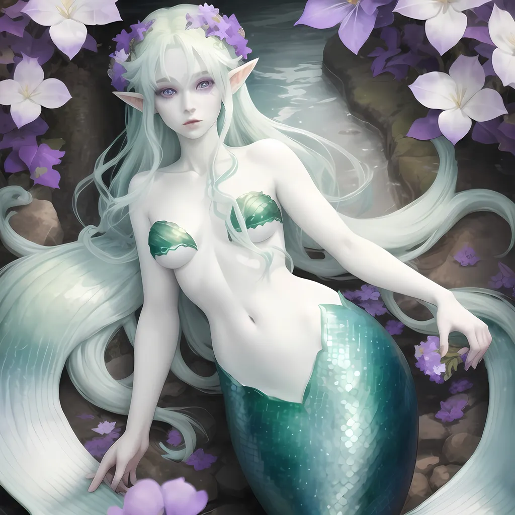 Prompt: A mermaid with pale white skin, long green-blue hair, and purple eyes with a few purple flowers on her head. She also has long elf like ears