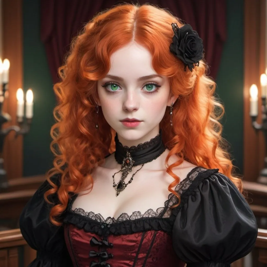 Prompt: A woman with light green eyes, fluffy curly orange hair, and pale white skin. has an innocent face. wears a scarlet red and black gothic Victorian dress.  Draw a ballroom behind her. Draw 2d like an anime.