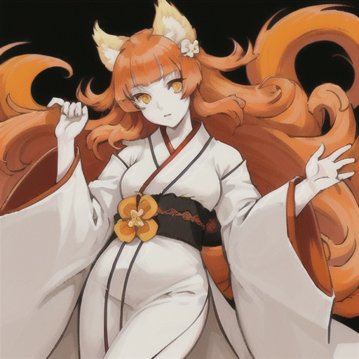 Prompt: a girl kitsune with yellow eyes, long curly ginger hair, pale white skin, orange tails with white tips, very feminine phys, wears an a bit revealing white and red flower designed midi kimono dress.