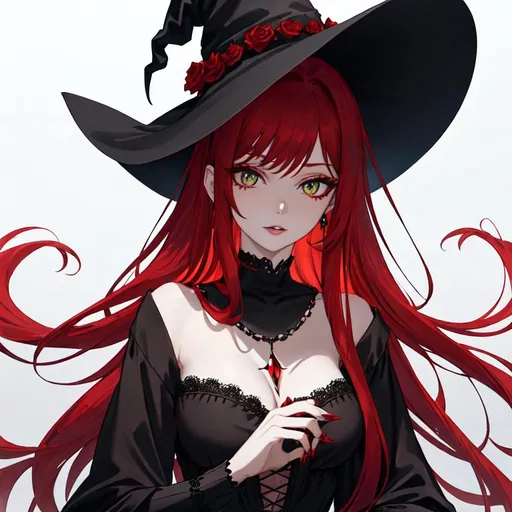 Prompt: A witch with, long red hair and green eyes wearing a black gothic witch dress, she has an elegant ruby lace necklace and a classic wide black witch hat with some red stones on it. She has an innocent face. Her nails are either painted black.