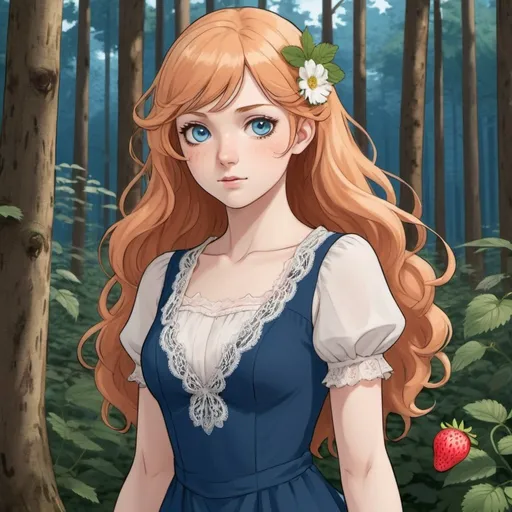 Prompt: a pale white-skinned woman, with long wavey strawberry blonde hair, and blue eyes very feminine Phys, wears a lace cute dress. Draw 2d like an anime. Draw as if she is in a forest. Draw 2d like an anime. Persona 4 or Danganronpa art style.