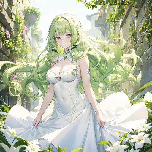 Prompt: A woman with light green eyes, soft curly ginger hair, pale white skin. has a innocent face. wears puffy dress with dark or pale coloured. 