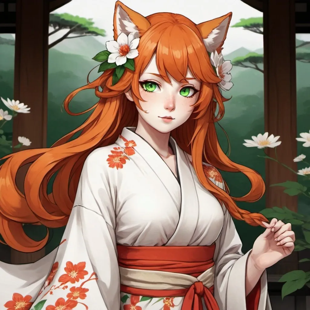 Prompt: a girl kitsune with green eyes, long curly ginger hair, pale white skin, orange tails with white tips, very feminine Phys, wears a bit revealing white and red flower designed midi kimono dress. Draw some old shire behind her. Draw 2d like an anime. In a Persona 4 or Danganronpa art style.