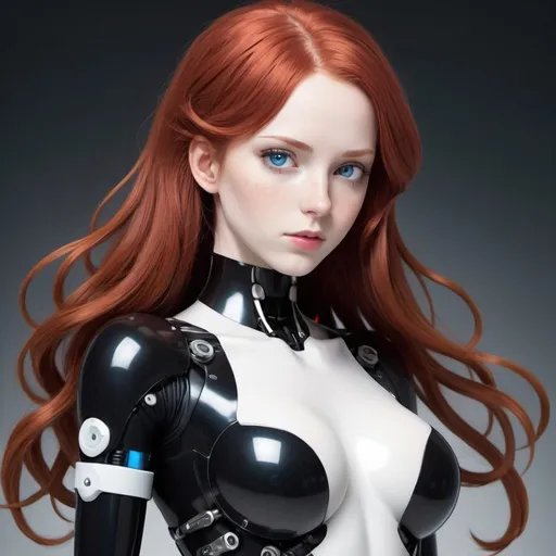 Prompt: A woman cyborg with long wavy red hair and blue eyes has a very feminine body and light white skin. Her joint parts are visible, they look like a ball-jointed doll would have. She is wearing a black bodysuit. Draw a lab behind her. Draw 2d like an anime. In a Persona 4 or Danganronpa art style.