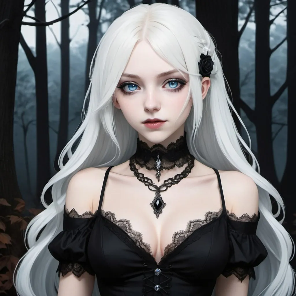 Prompt: A vampiress with albino disorder, long white hair, and ice-blue eyes wearing a black gothic revealing dress, she has an elegant lace necklace. Her nails are painted black. Draw a dark street behind her. Draw 2d like an anime. Draw as if she is in a forest. Draw 2d like an anime. Persona 4 or Danganronpa art style.