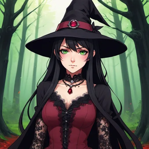 Prompt: A witch with, long black hair and green eyes wearing a claret red gothic witch dress, she has an elegant ruby lace necklace and a classic wide black witch hat with some red stones on it. She has an innocent face. Her nails are either painted black. Draw a forest behind her. Draw 2d like an anime. Draw as if she is in a forest. Draw 2d like an anime. Persona 4 or Danganronpa art style.