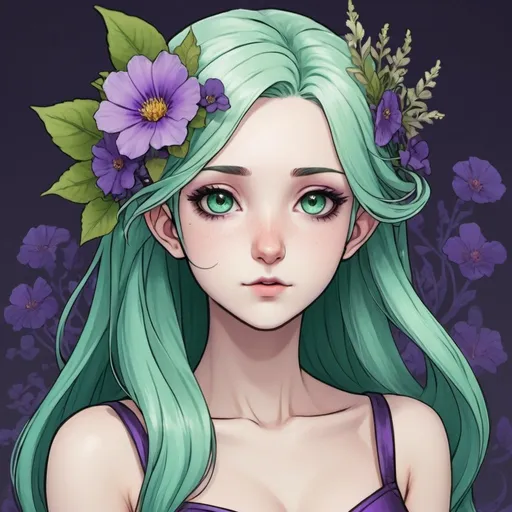 Prompt: A mermaid with pale white skin, long green-blue hair, and purple eyes with a few purple flowers on her head. She also has long elf like ears. Draw 2d like an anime. In a Persona 4 or Danganronpa art style.