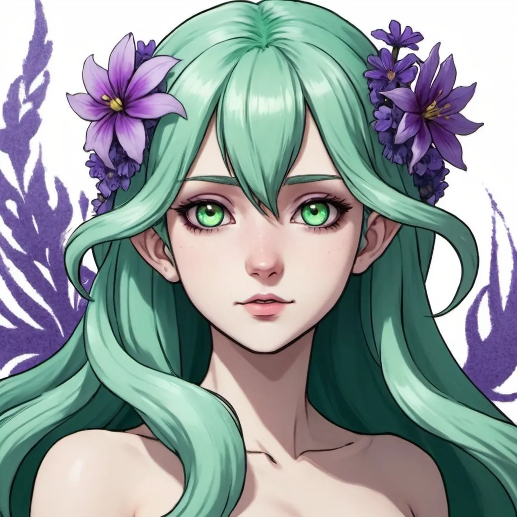 Prompt: A mermaid with pale white skin, long green-blue hair, and purple eyes with a few purple flowers on her head. She also has long elf like ears. Draw 2d like an anime. In a Persona 4 or Danganronpa art style.