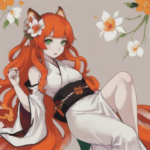 Prompt: a girl kitsune with green eyes, long curly ginger hair, pale white skin, orange tails with white tips, very feminine phys, wears an a bit revealing white and red flower designed midi kimono dress.