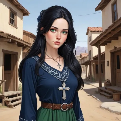 Prompt: A woman cowboy with long black hair, green eyes, pale light skin and an innocent face. She wears a navy blue long-sleeved dress and has an elegant pendant the same color as her eyes. She also wears a white and navy blue bandana over her head and she has a cross necklace. Draw some old town behind her. 