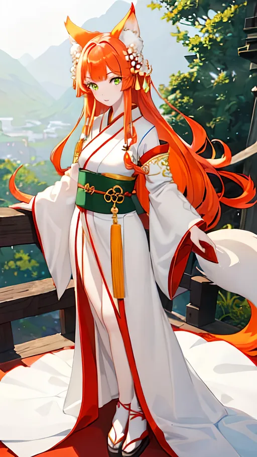 Prompt: a girl kitsune with green eyes, long curly ginger hair, pale white skin, orange tails with white tips, very feminine phys, wears an a bit revealing white and red flower designed midi kimono dress.