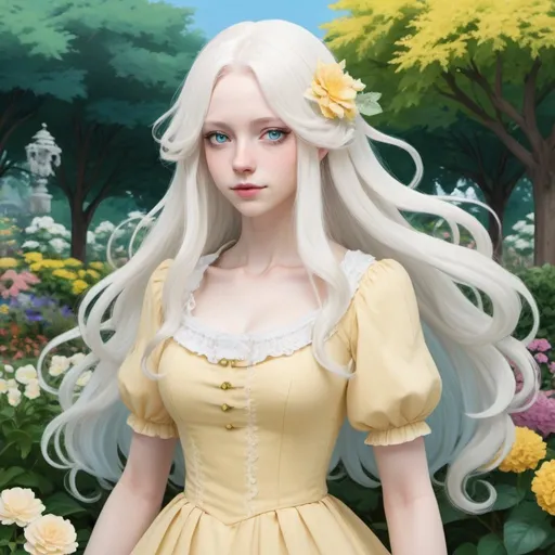 Prompt: A woman noblewoman with albino disorder. She has long wavy white hair, ice-blue eyes, and pale light skin. She wears a long pastel yellow dress. Draw a colorful garden behind her. Draw 2d like an anime. In a Persona videogame series style or Danganronpa art style.