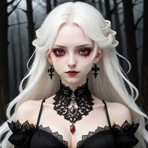 Prompt: A vampiress with albino disorder, long white hair, and red eyes wearing a black gothic revealing dress, she has an elegant lace necklace. Her nails are painted black. Draw a dark street behind her. Draw 2d like an anime. Draw as if she is in a forest. Draw 2d like an anime. Persona 4 or Danganronpa art style.