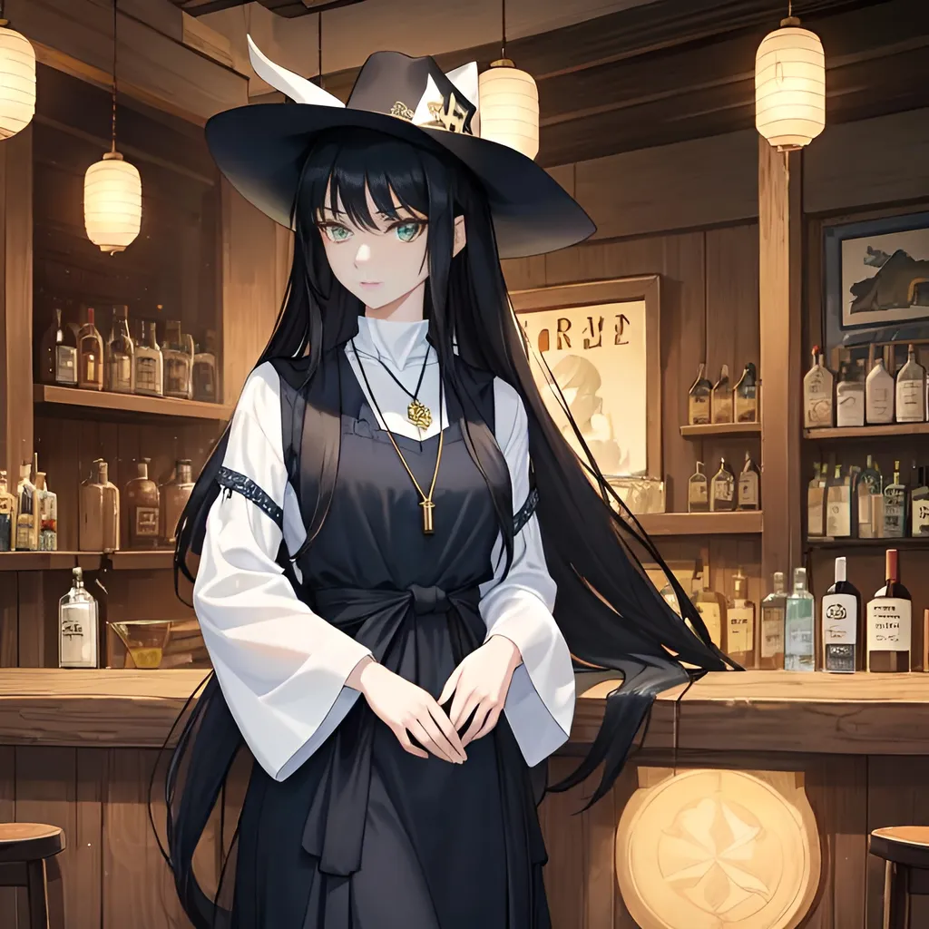 Prompt: A woman from a western cowboy area with long black hair, green eyes, pale light skin and innocent face. She wears navy blue long sleeved dress under and has an elegant pendant same color as her eyes. She also wears a white bandana over her head. Draw some old town behind her or she is in a bar. 