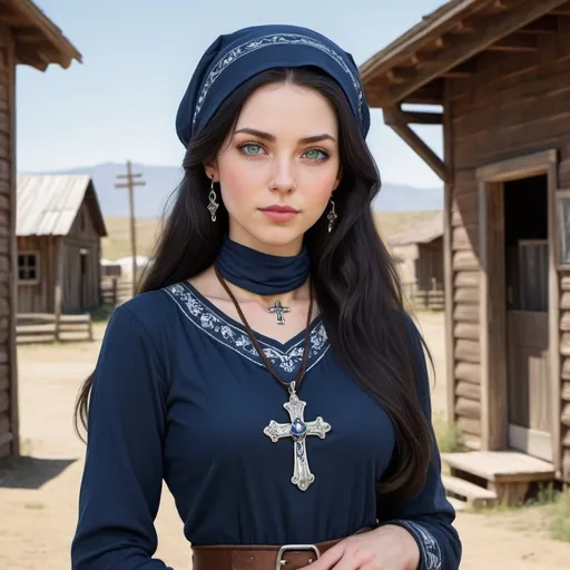 Prompt: A woman cowboy with long black hair, green eyes, pale light skin and an innocent face. She wears a navy blue long-sleeved dress and has an elegant pendant the same color as her eyes. She also wears a white and navy blue bandana over her head and she has a cross necklace. Draw some old town behind her. 