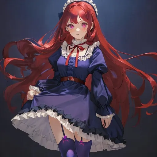 Prompt: A woman with, long red hair and ruby eyes wears a navy blue dress with puffy sleeves. It has ruffles on the chest, and a string bow on her neck with dark purple leggings/stocking under her dress with brown buckle shoes.