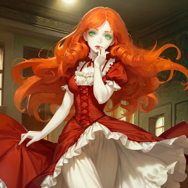 Prompt: A woman with light green eyes, long curly orange hair, and pale white skin. has an innocent face. wears a scarlet red Victorian dress. 