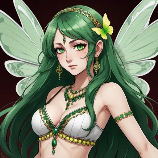 Prompt: She has long wavy green hair and green eyes, her skin is white. Her wings look like a butterfly would have Her pointy long ears poke out of her hair, and she has a few piercings on her long ears, very feminine Phys, wears a female belly dancer outfit. Draw 2d like an anime. In a Persona 4 or Danganronpa art style.