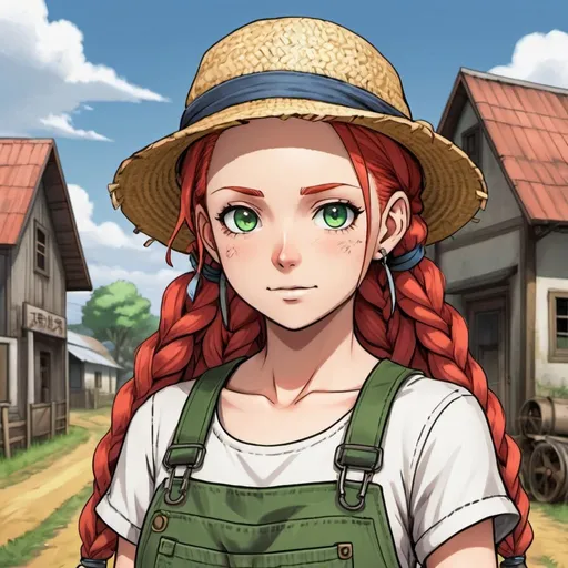 Prompt: A woman farmer with long red braids, green eyes, pale light skin, and an innocent face. She wears dirty or patched overalls. She wears a straw hat on her head and she has a cross necklace. Draw some old town behind her. Draw 2d like an anime. In a Persona 4 or Danganronpa art style.