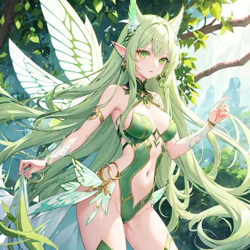 Prompt: She has long wavy green hair and green eyes, her skin is white. Her wings look like a butterfly would have Her pointy long ears poke out of her hair, and she has a few piercings on her long ears.