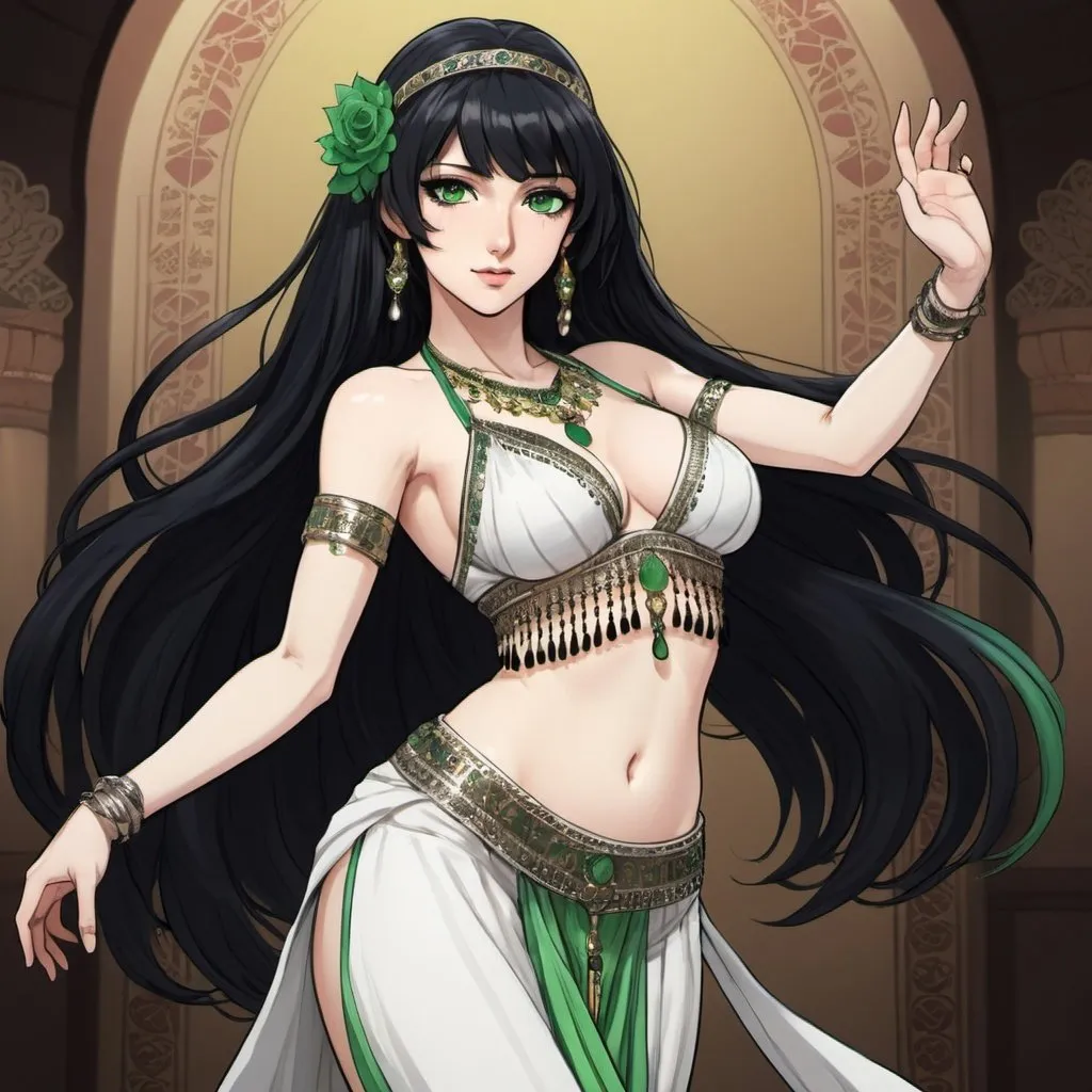 Prompt: A woman with long black hair, green eyes, pale light skin, and an innocent face, She has very feminine Phys, and wears a white female belly dancer outfit. Draw 2d like an anime. In a Persona 4 or Danganronpa art style.
