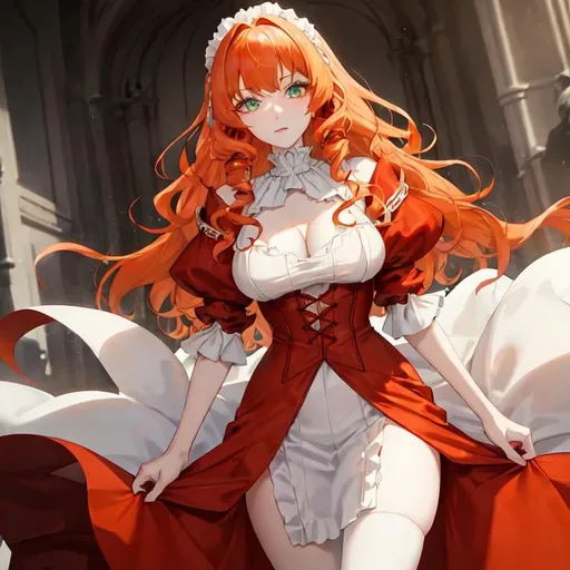 Prompt: A woman with light green eyes, fluffy curly orange hair, and pale white skin. has an innocent face. wears a scarlet red and black gothic Victorian dress. 
