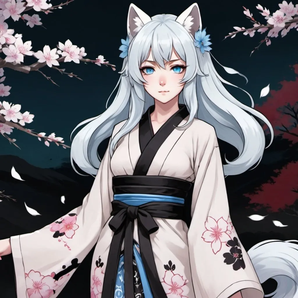 Prompt: a girl kitsune with ice blue eyes, long wavy platin white hair with black tips, pale white skin, white tails with black tips, very feminine Phys, wears a bit revealing blue and sakura flower designed midi kimono dress. Draw some old shire behind her. Draw 2d like an anime. In a Persona 4 or Danganronpa art style.