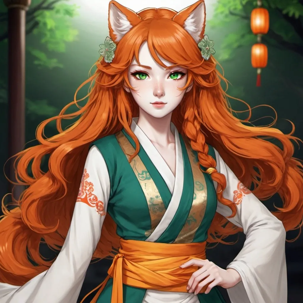Prompt: a girl kitsune with green eyes, long curly ginger hair, pale white skin, orange tails with white tips, very feminine Phys, wears oriental dancer outfit. Draw some old shire behind her. Draw 2d like an anime. In a Persona 4 or Danganronpa art style.