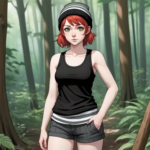 Prompt: A pale white-skinned and short red-haired, green-eyed woman with very feminine Phys, wears a black and gray striped tank top, a black dolphin shorts and a black beanie. Draw 2d like an anime. Draw as if she is in a forest. Draw 2d like an anime. Persona 4 or Danganronpa art style.