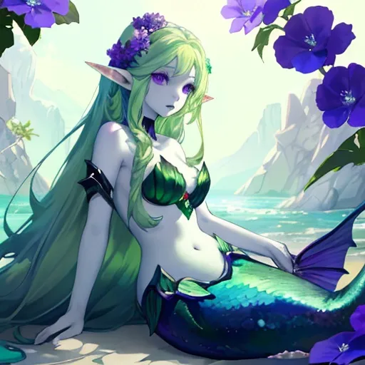 Prompt: A mermaid with pale white skin, long green-blue hair, and purple eyes with a few purple flowers on her head. She also has long elf like ears