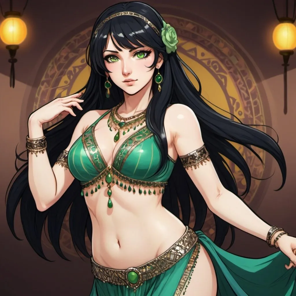 Prompt: A woman with long black hair, green eyes, pale light skin, and an innocent face, She has very feminine Phys, and wears a female belly dancer outfit. Draw 2d like an anime. In a Persona 4 or Danganronpa art style.
