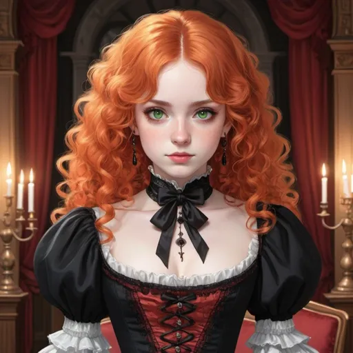 Prompt: A woman with light green eyes, fluffy curly orange hair, and pale white skin. has an innocent face. wears a scarlet red and black gothic Victorian dress.  Draw a ballroom behind her. Draw 2d like an anime.