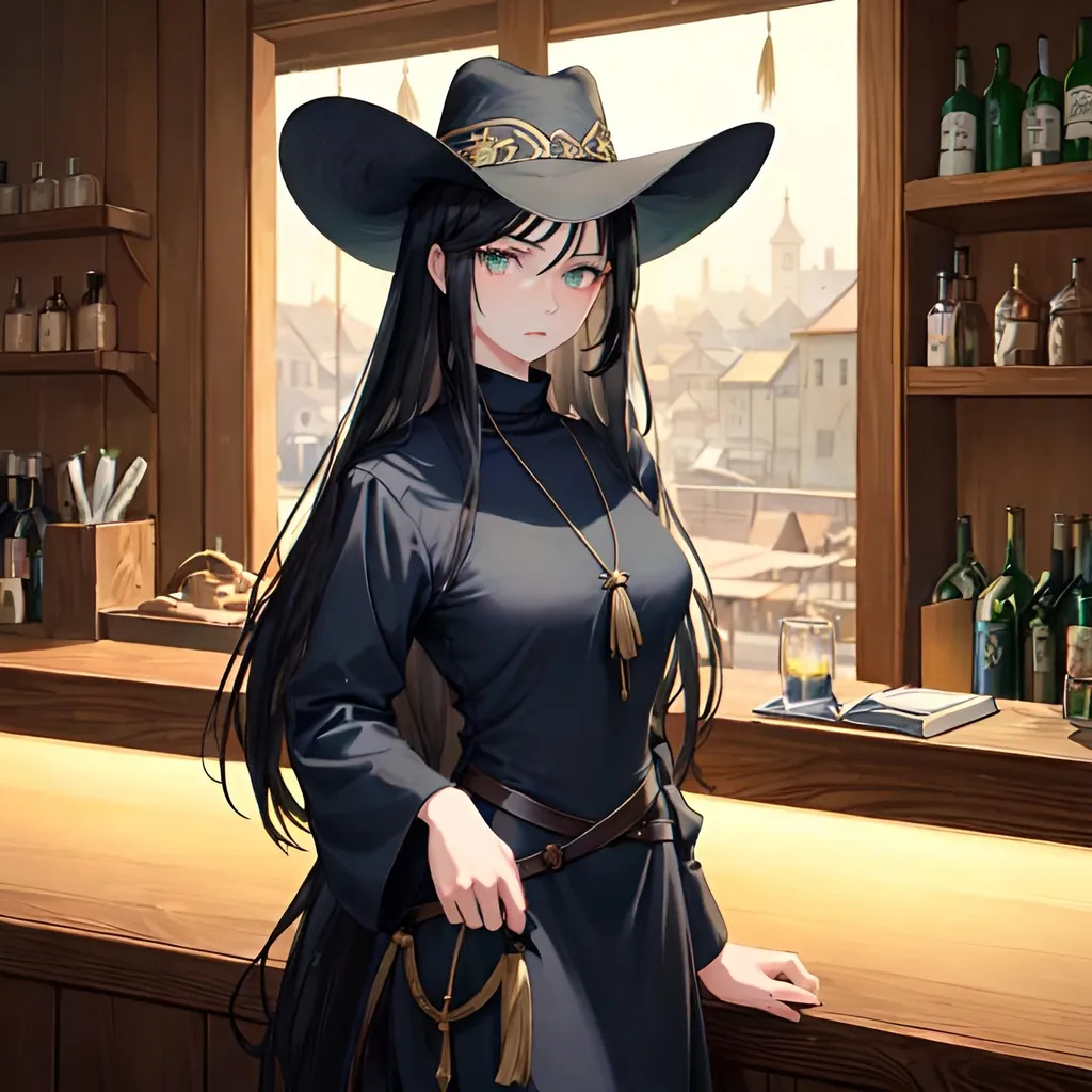 Prompt: A woman from a western cowboy area with long black hair, green eyes, pale light skin and innocent face. She wears navy blue long sleeved dress under and has an elegant pendant same color as her eyes. She also wears a white bandana over her head. Draw some old town behind her or she is in a bar. Don't give her a hat you can only put bandana over her head