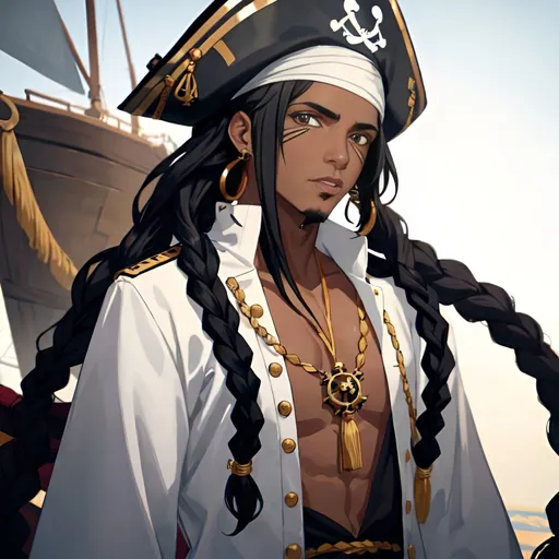 Prompt: A black male pirate with black and white long hair over his shoulders with some braids on his hair has earrings, and he has some scars on his face. Draw as if he is on the ship.