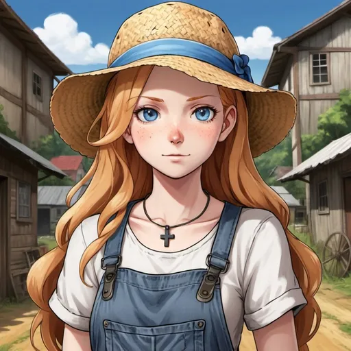 Prompt: A woman farmer with pale white skin, long wavey strawberry blonde hair, and blue eyes. She wears dirty or patched overalls. She wears a straw hat on her head and she has a cross necklace. Draw some old town behind her. Draw 2d like an anime. In a Persona 4 or Danganronpa art style.