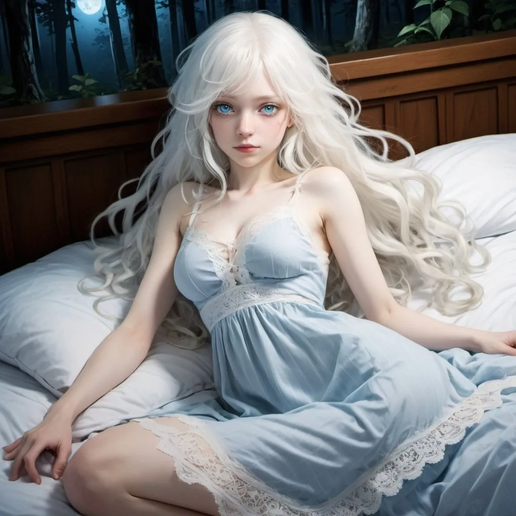 Prompt: A woman with albino disorder. She has long wavy white hair, ice-blue eyes, and pale light skin, very feminine Phys, and wears a lace nightdress. She is lying down on the bed. Use dim light. Draw 2d like an anime. Draw as if she is in a forest. Draw 2d like an anime. Persona 4 or Danganronpa art style.