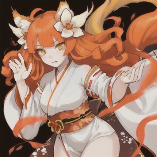 Prompt: a girl kitsune with yellow eyes, long curly ginger hair, pale white skin, orange tails with white tips, very feminine phys, wears an a bit revealing white and red flower designed midi kimono dress.