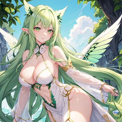Prompt: She has long wavy green hair and green eyes, her skin is white. Her wings look like a butterfly would have, they are shaded in a bright and light color of pink and purple. Her pointy long ears poke out of her hair, she has a few piercings on her long ears.