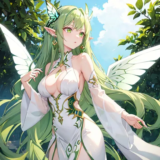 Prompt: She has long wavy green hair and green eyes, her skin is white. Her wings look like a butterfly would have Her pointy long ears poke out of her hair, and she has a few piercings on her long ears. She wears a white long dress