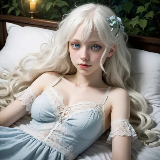 Prompt: A woman with albino disorder. She has long wavy white hair, ice-blue eyes, and pale light skin, very feminine Phys, and wears a lace nightdress. She is lying down on the bed. Use dim light. Draw 2d like an anime. Draw as if she is in a forest. Draw 2d like an anime. Persona 4 or Danganronpa art style.