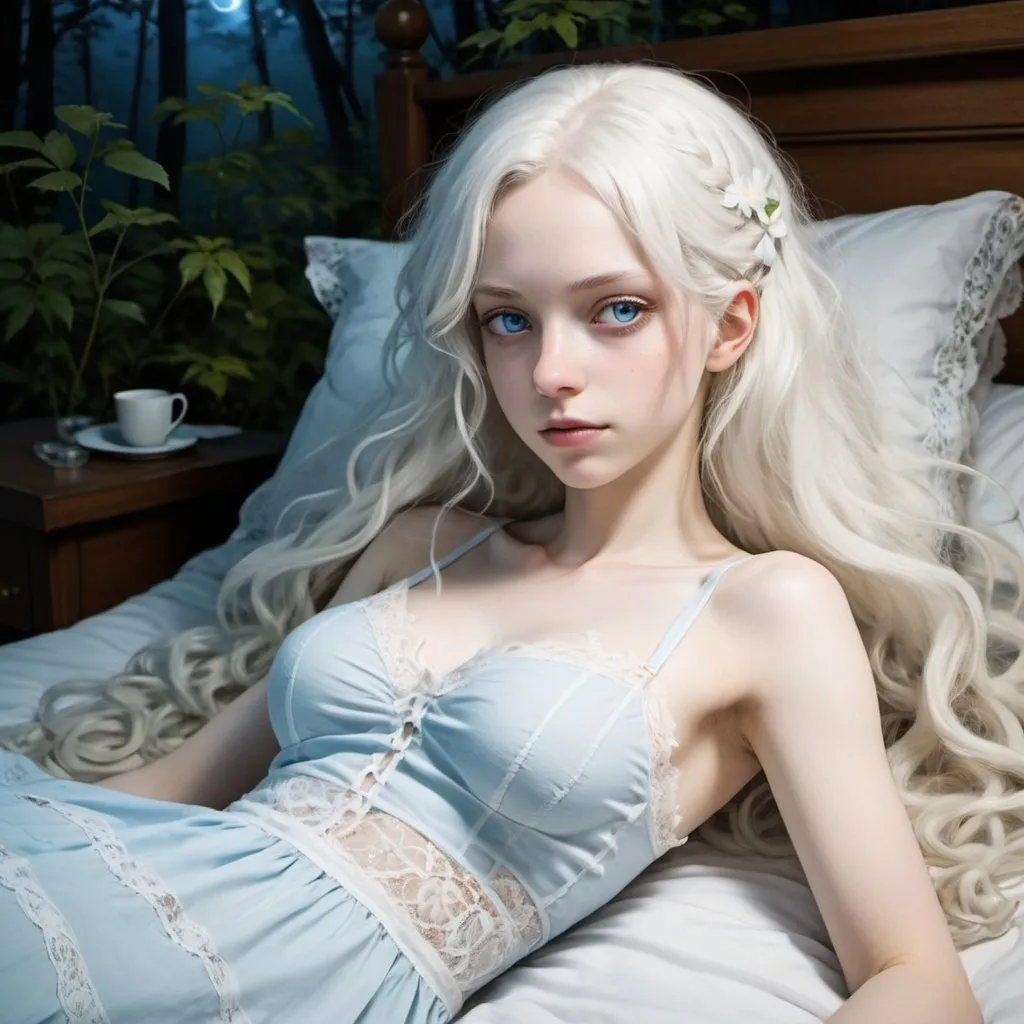 Prompt: A woman with albino disorder. She has long wavy white hair, ice-blue eyes, and pale light skin, very feminine Phys, and wears a lace nightdress. She is lying down on the bed. Use dim light. Draw 2d like an anime. Draw as if she is in a forest. Draw 2d like an anime. Persona 4 or Danganronpa art style.