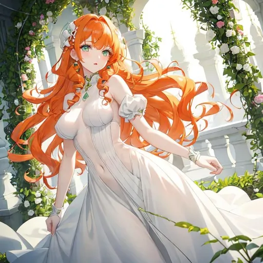 Prompt: A woman with light green eyes, soft curly orange hair, pale white skin. has a innocent face. wears puffy dress with dark or pale coloured. 