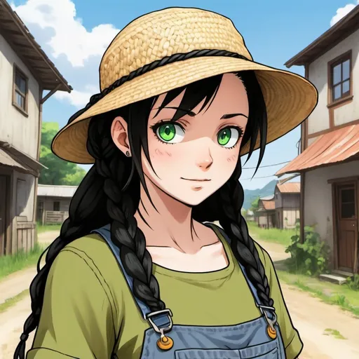 Prompt: A woman farmer with long black braids, green eyes, pale light skin, and an innocent face. She wears dirty or patched overalls. She wears a straw hat on her head and she has a cross necklace. Draw some old town behind her. Draw 2d like an anime. In a Persona 4 or Danganronpa art style.